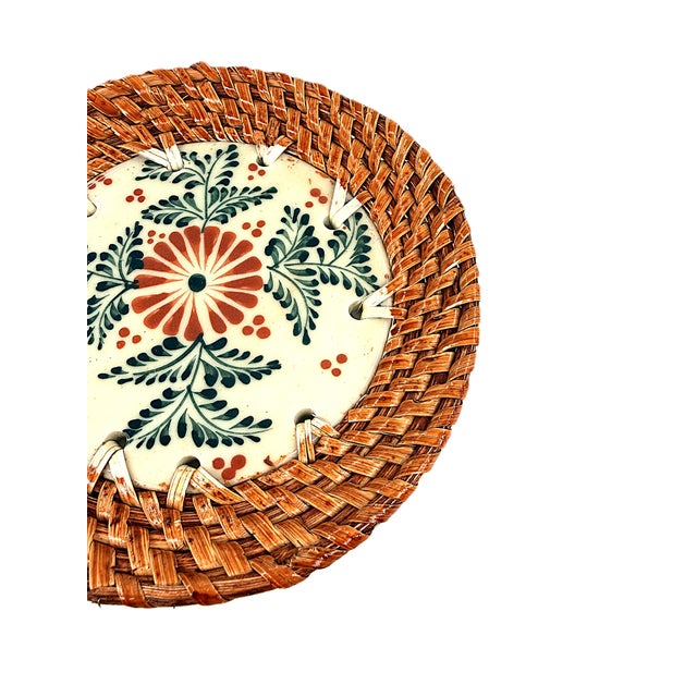 2020s Asian Modern Bat Trang Vietnamese Rattan & Ceramic Coasters With Hand Painted Floral Motif - Set of 6 For Sale - Image 5 of 9