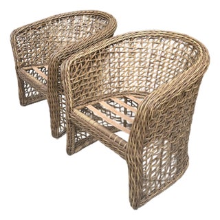 French Style All Weather Woven Rattan Barrel Back Chairs a Pair For Sale