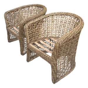 French Style All Weather Woven Rattan Barrel Back Chairs a Pair