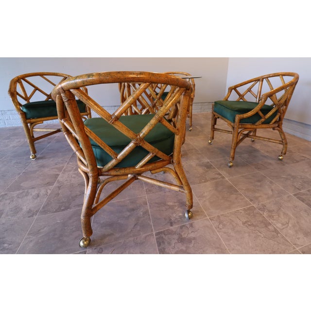 Wood Mid-Century Hollywood Regency Rattan Dining Set With Brass Casters, Attributed to Ficks Reed For Sale - Image 7 of 15