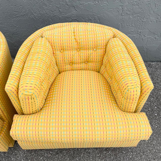 Textile Vintage Mid Century Yellow Tufted Swivel Barrell Chairs With Pink Purple and Blue Stripes - A Pair For Sale - Image 7 of 12
