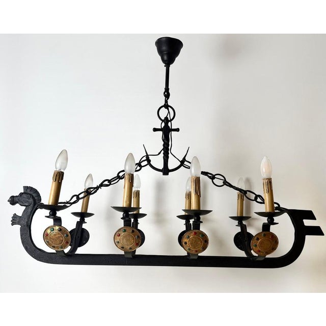 Metal Art Deco Cast Iron Viking Longboat Chandelier, 1940s For Sale - Image 7 of 18