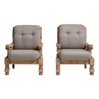 Pair of 1970s French Tan Brutalist Oak Upholstered Armchairs For Sale