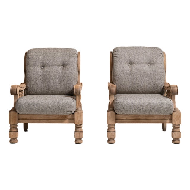 Pair of 1970s French Tan Brutalist Oak Upholstered Armchairs For Sale