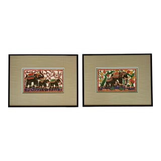 Circa 1990 Indian Rājasthānī-Style “Royal Elephant Procession” Folk Art – A Pair For Sale