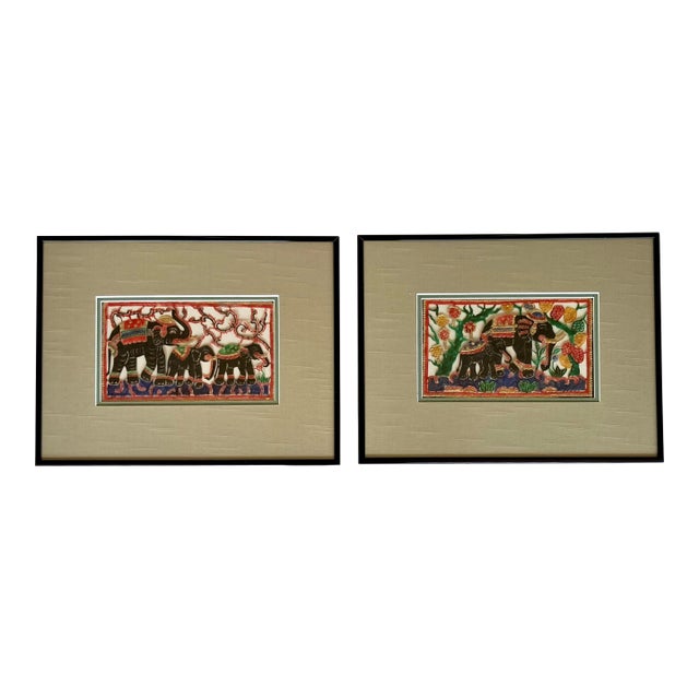 Circa 1990 Indian Rājasthānī-Style “Royal Elephant Procession” Folk Art – A Pair For Sale