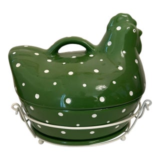 Vintage Ceramic Green & White Hen Casserole Set For Sale