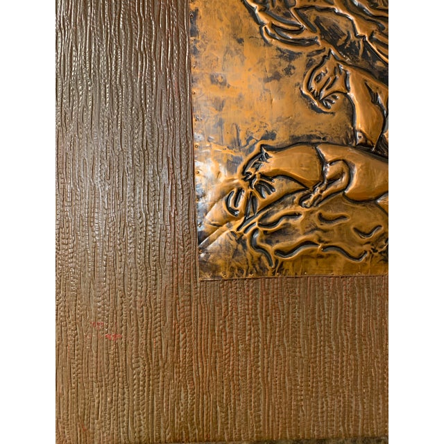 Wood Pair of MCM Copper Tone Repoussé Panther Panels | Mounted on Wood Board For Sale - Image 7 of 12