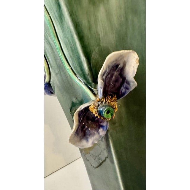 1920s Impressive Statement! Antique Art Deco Faience Majolica Vase Decorated With Sculpted Delicate Flowers For Sale - Image 5 of 16