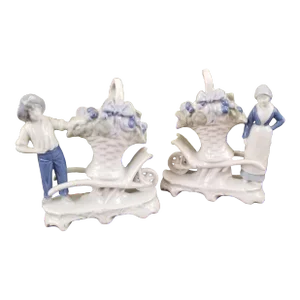 Pair 1920s Erphila Blue & White Porcelain Farmers With Large Basket Bud Vases on Wheelbarrows