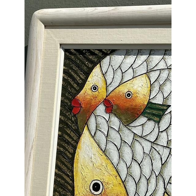 Wood Vintage Original School of Fish Oil Painting on Canvas For Sale - Image 7 of 12
