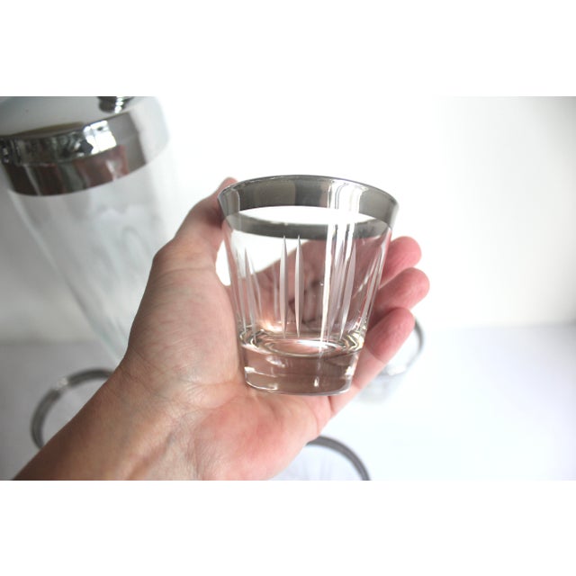 1960s Cocktail Shaker Mid-Century Modern Etched Glass With 5 Silver Rimmed and Etched Glasses Martini Set- 6 Pieces For Sale - Image 6 of 10