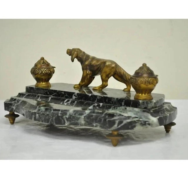 Antique French Empire Figural Bronze & Marble Hunting Dog Desk Double Inkwell For Sale In Philadelphia - Image 6 of 11