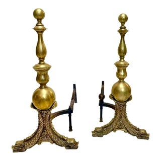 Chinoiserie Hollywood Regency Fu Fish or Sea Serpent Brass Andirons For Sale
