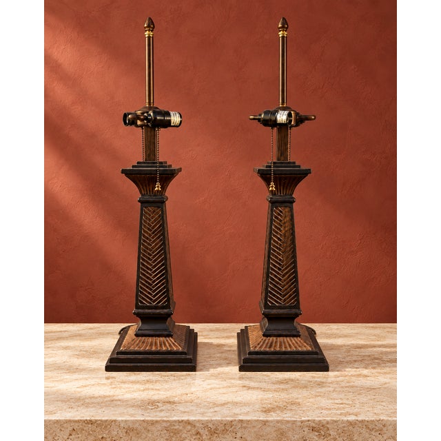 Neoclassical Bronze-Tone Column Table Lamps - Pair For Sale In Miami - Image 6 of 6
