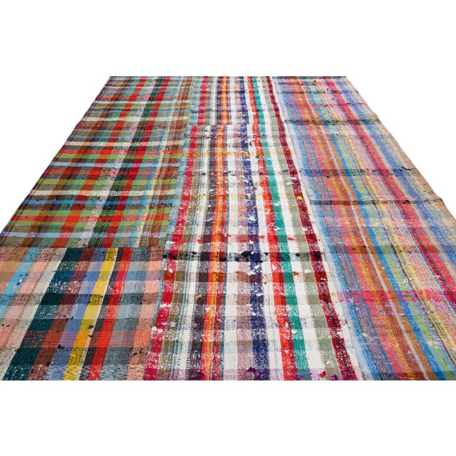 Turkish Vintage Turkish Kilim Flatweave Wool Rug With Multicolor Geometric Pattern For Sale - Image 3 of 12