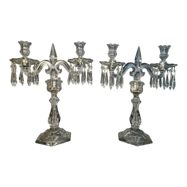 Pair Heisey Crystal Candelabra Lusters 40 Faceted Prisms 1930s "Old Williamsburg" For Sale