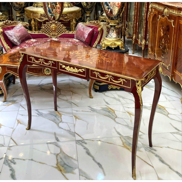 French French Style Console Table or Desk – Handcrafted, Brown Finish With Gold Leaf For Sale - Image 3 of 5