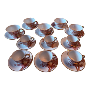 Vintage Tea and Espresso Cup Set Featuring Handpainted and Gilted Cherry Blossoms - 22 Piece Set