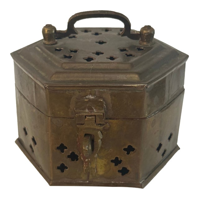 Vintage Hand-Hammered Brass Hexagonal Incense Censer Box For Sale