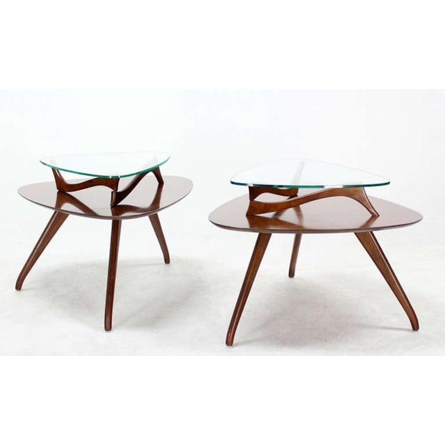 Pair of Organic Shape Rounded Triangle End Tables with floating Glass Tops MINT For Sale - Image 6 of 9