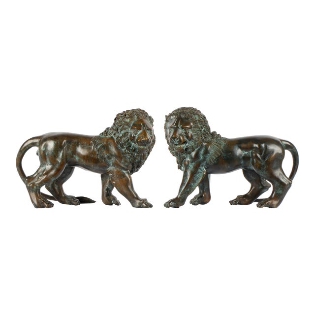 19th Century Neoclassical Bronze Lion Sculptures With Aged Patina For Sale
