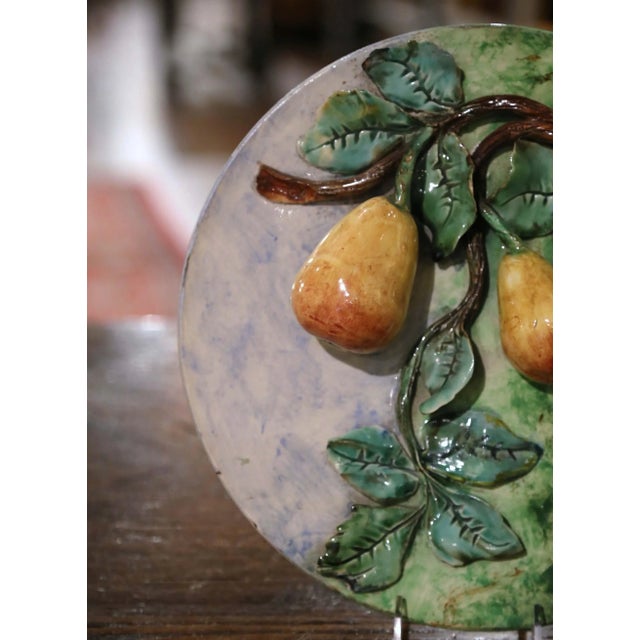 Green 19th Century French Barbotine Faience Pear Wall Plate Longchamp For Sale - Image 8 of 12