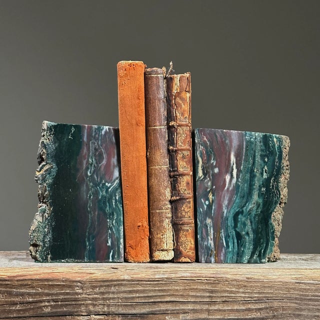 Vintage Polished Jasper Live Edge Bookends. Rare purple and deep aqua green veined Jasper bookends with unpolished edges....