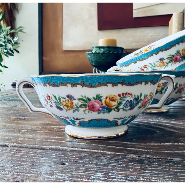 Sky Blue Vintage Crown Staffordshire Lyric Tunis Blue Bouillon Fine Bone China Cups - Set of 4 For Sale - Image 8 of 12