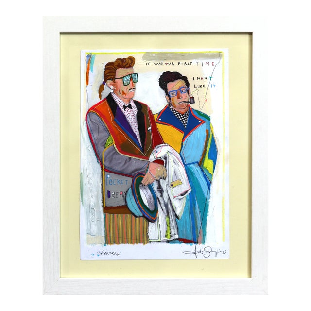 Experience - Colorful Quirky Figurative Mixed Media Framed Original Artwork by Fabio Coruzzi For Sale