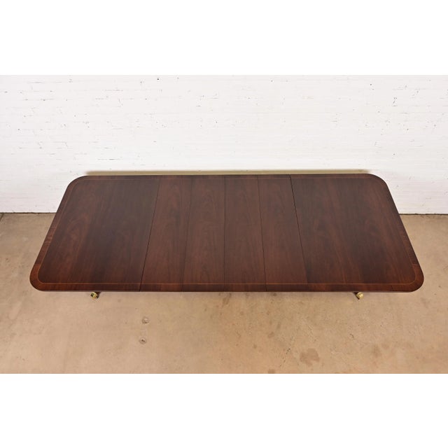 1980s Kindel Furniture Georgian Banded Mahogany Double Pedestal Extension Dining Table, Newly Refinished For Sale - Image 5 of 14