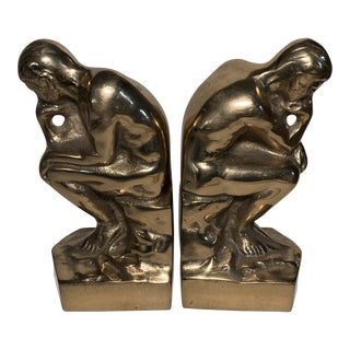 Vintage Detailed Cast Metal Brass Bookends the Thinker Thinking Man - a Pair For Sale