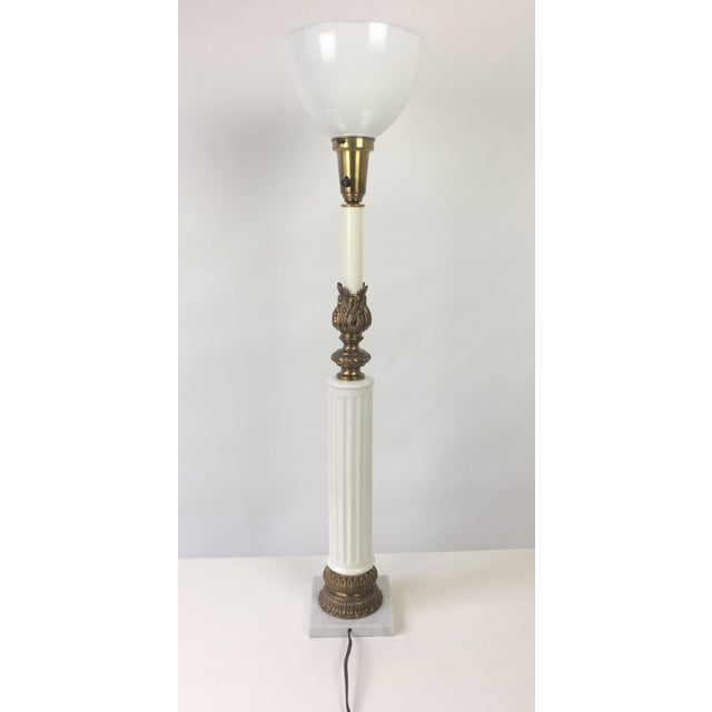 Thomas Industries Vintage Brass Ceramic & Marble Column Table Lamp For Sale - Image 4 of 9