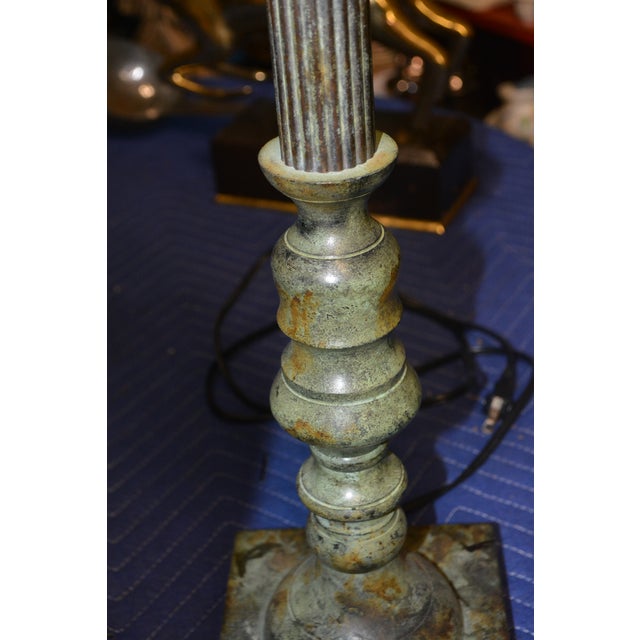 Farmhouse Vintage Interlude Home Pair Rustic Green Metal / Iron Tall Buffet Table Lamps W/ Pleated Shades For Sale - Image 3 of 18