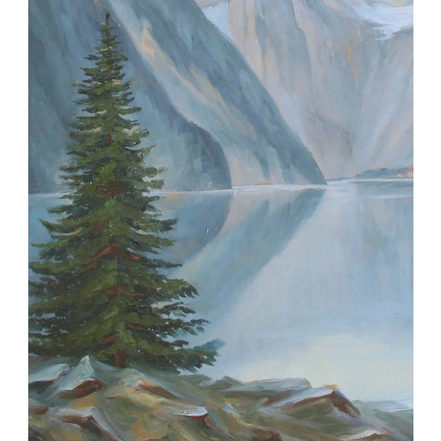 1940s Reflecting Mountains Norwegian Landscape Oil Painting, Framed For Sale - Image 4 of 6