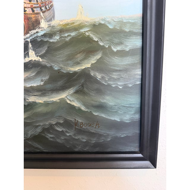 Paint Large Maritime Naval Battle Oil Painting Signed K. Bosen Sailing Ships Seascape For Sale - Image 7 of 11