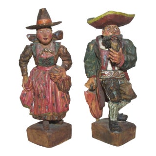 1950s Pair Rare Museum Hand Carved Wood Carl Hallsthammar Folk Art Figural Sculpture For Sale