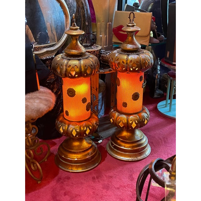 Pair of 1950s Regency Mid-Century Gold Lamps Lanterns For Sale - Image 10 of 11