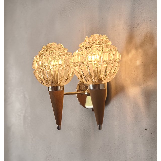 1960s Double Wall Sconce in Molded Glass and Teak, 1960s For Sale - Image 5 of 7