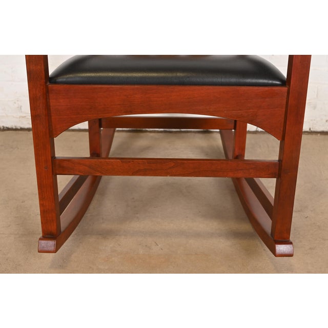 Stickley Harvey Ellis Collection Mission Arts & Crafts Inlaid Cherry Wood and Leather Rocking Chairs, Pair For Sale - Image 9 of 12