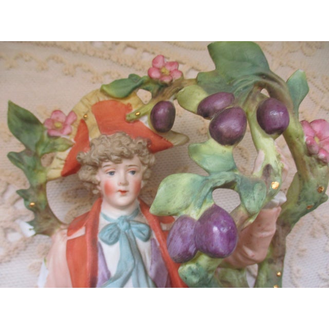 Antique Late 19th Century Victorian French Ornate Bisque Figurines Young Maiden & Gentleman Pair For Sale - Image 4 of 12