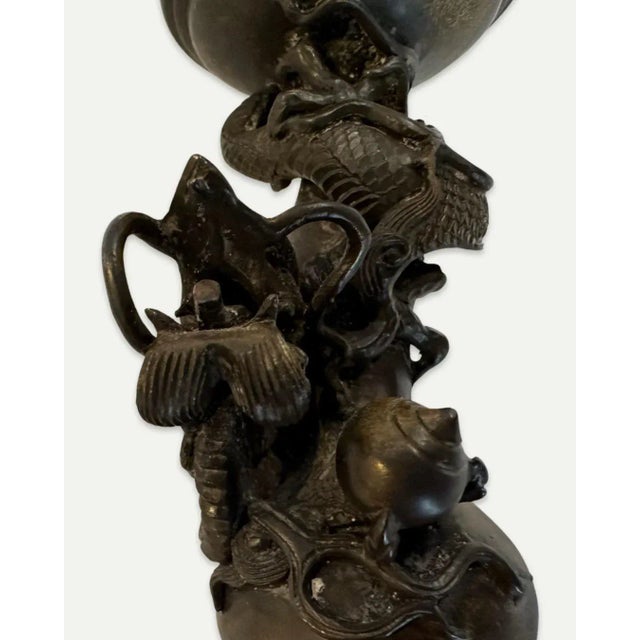 Pair of Late 19th Century Bronze Chinese Pricket Candle Holders Featuring the Imperial Dragon Chasing the Flaming Pearl of Immortality For Sale - Image 4 of 13