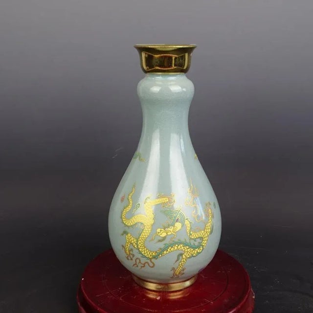 Chinese Vintage Ceramic Vase,Sky Blue Glaze Gold Drawing Celadon Vase Hand Painted Dragon Pattern For Sale - Image 4 of 7