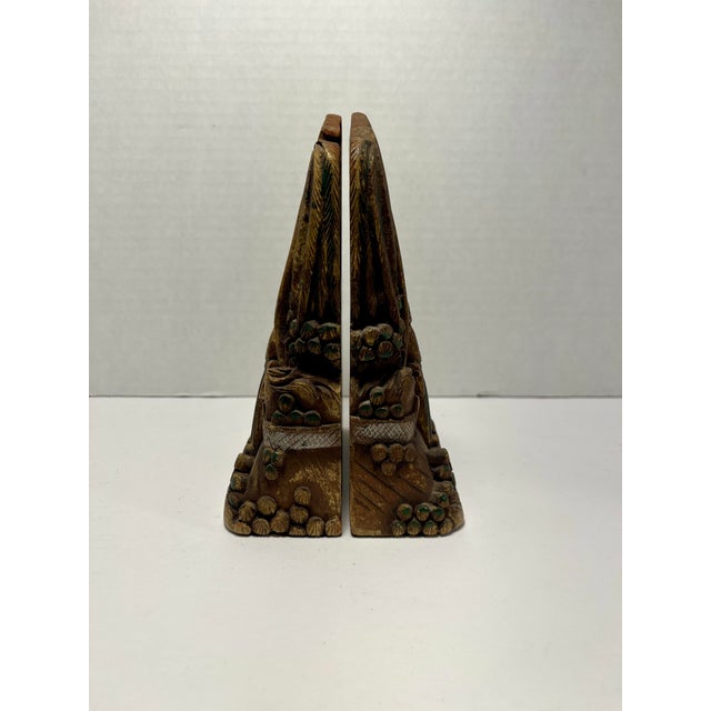 A Pair of Antique Late Qing Dynasty Chinese Handcarved Wood Bookends For Sale In Los Angeles - Image 6 of 11