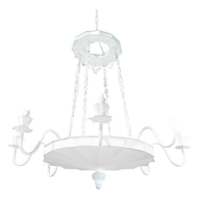 Vintage Handmade White and Light Blue Iron 8-Light Pendant Chandelier For Sale