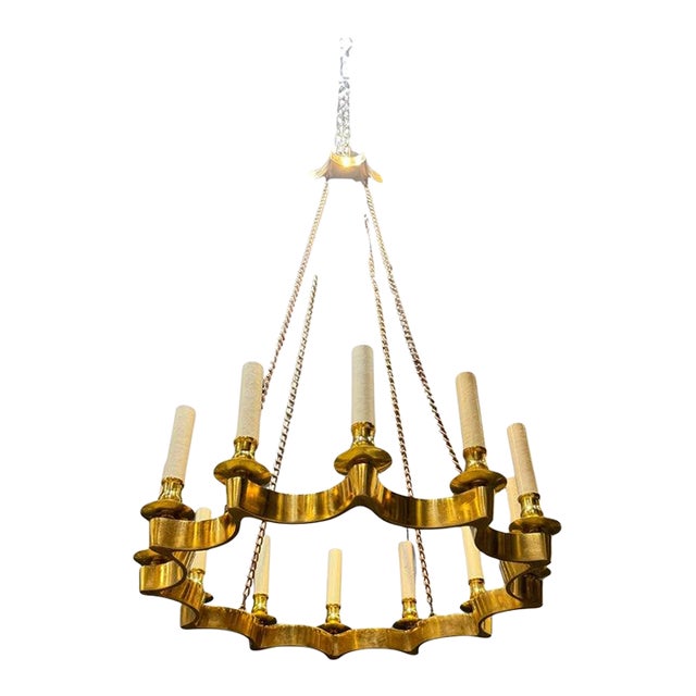 1940 French Gilt Bronze Scalloped Chandelier 12 Lights For Sale