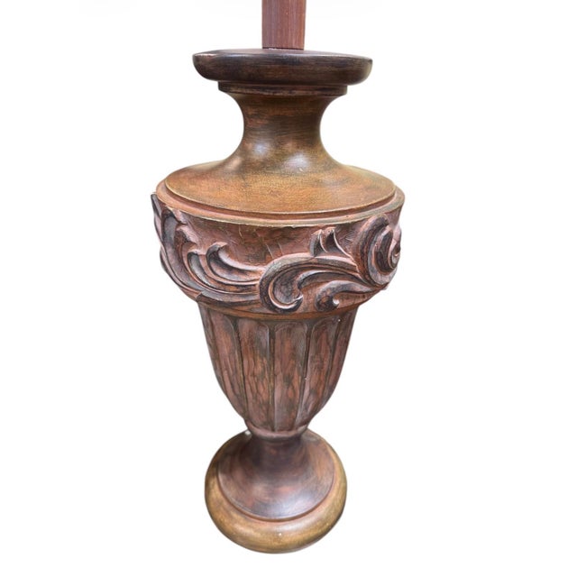 Vintage Carved Wood Urn Table Lamp With Black Drum Shade – 36”h For Sale - Image 4 of 5