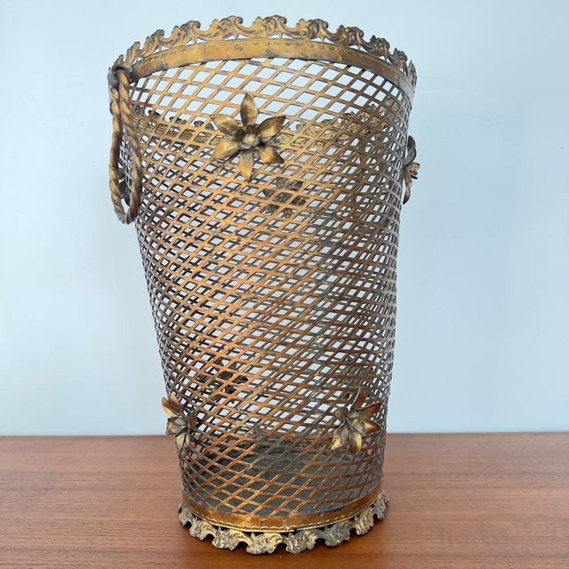 Gold Brass Perforated Umbrella Stand with Detailed Flowers, 1950 For Sale - Image 8 of 9