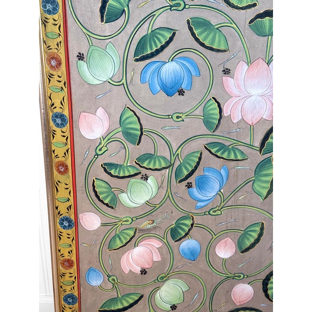 Vintage 4x6 Hindu Lotus Pond Pichwai Framed Wall Panel Art For Sale - Image 9 of 12