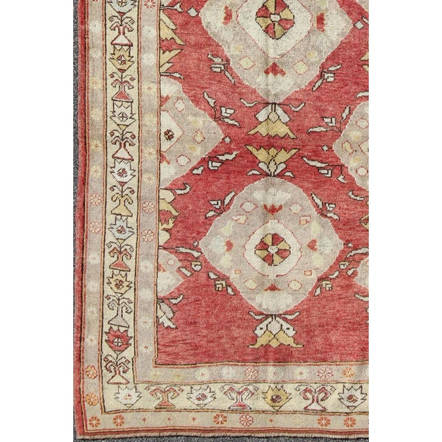 Red Background Vintage Turkish Oushak Runner in Gray, Cream, Yellow Colors For Sale - Image 4 of 8